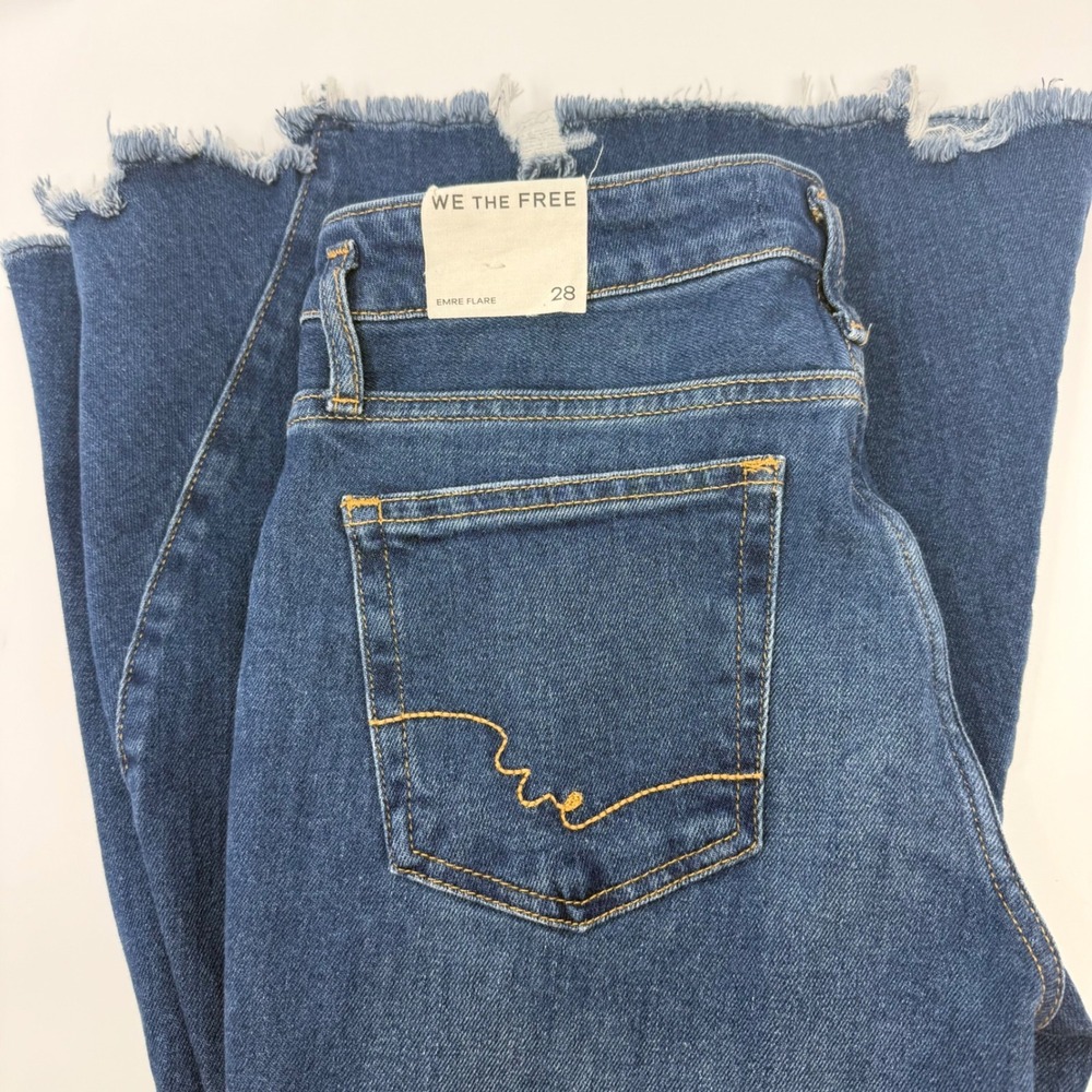 We The Free Free People Emre Flare Jeans Blue Dark Wash Raw Hem Womens 28 NEW